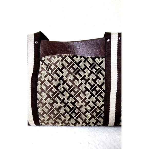 Tommy Hilfiger Womens Handbag Purse Tan Brown Letter Pattern Leather Accents - Picture 6 of 13